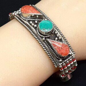 Real Silver Coral Turquoise Bracelet Native 12 ct Handmade Silver 51g Estate Old